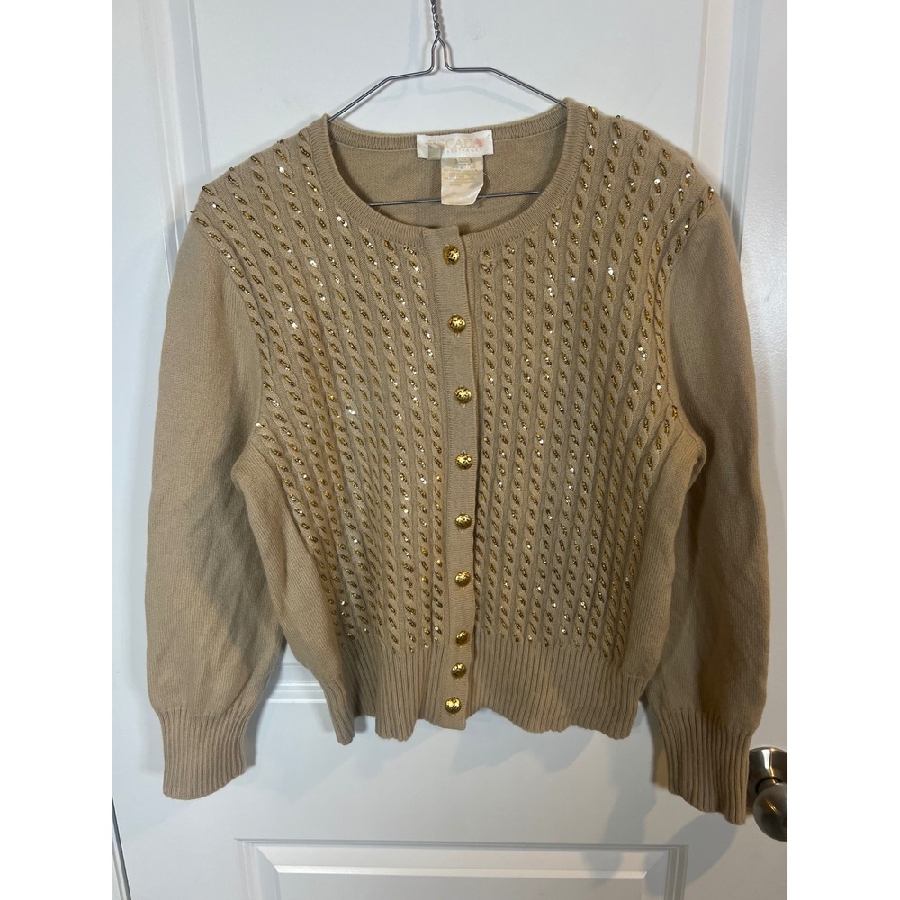 Escada Womens Cardigan Sequin Embellished Wool Cashmere Tan‎ 42 Vintage Flawed